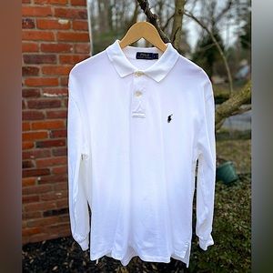 White Long Sleeve Ralph Lauren Polo shirt with a navy logo